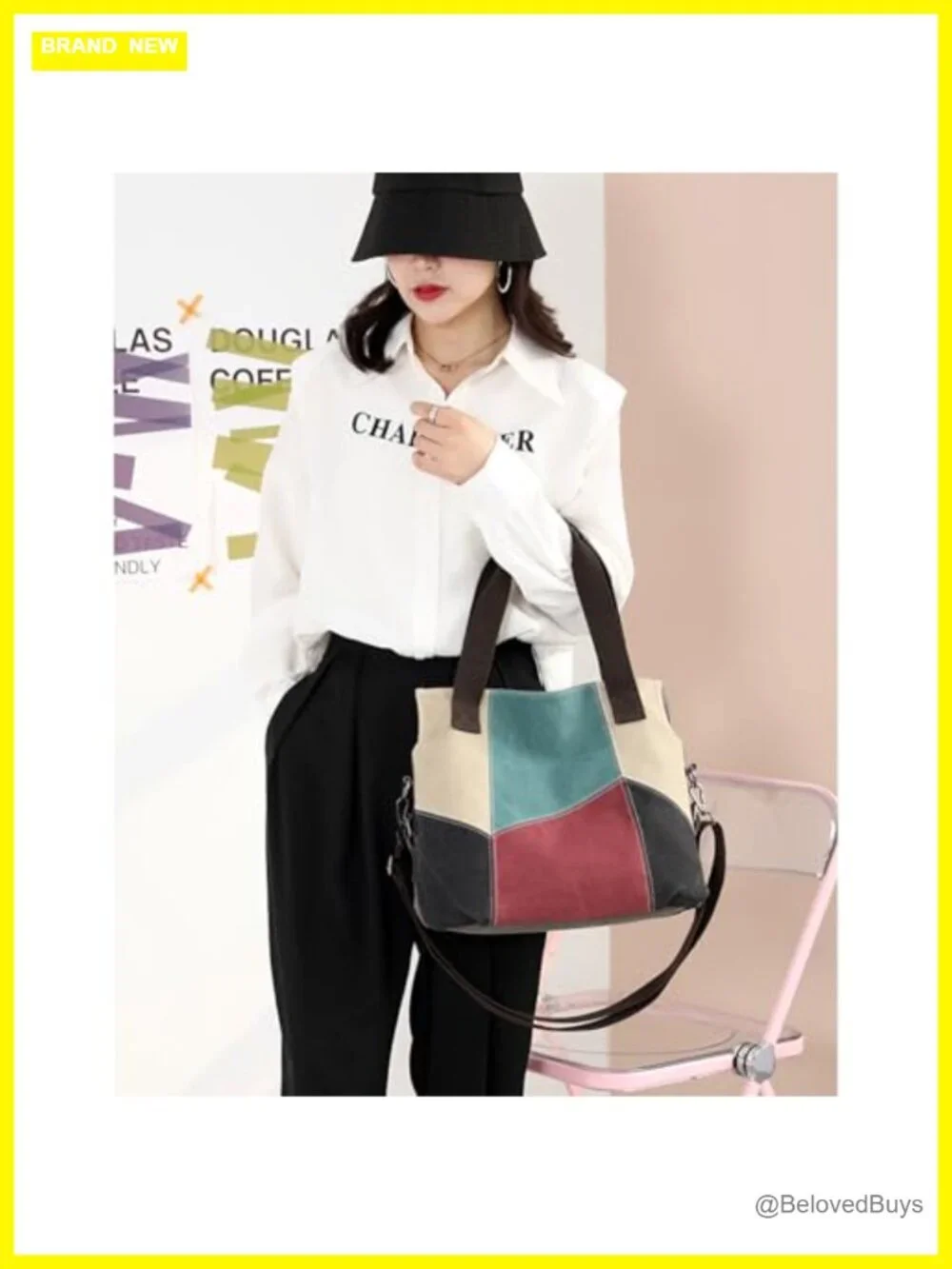 Large Canvas Color-block Crossbody Tote Bag Shoulder Shopping Bag